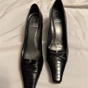 Vintage Stuart Weitzman Black Leather Kitten Heel Pumps Bow Square Toe Size 4